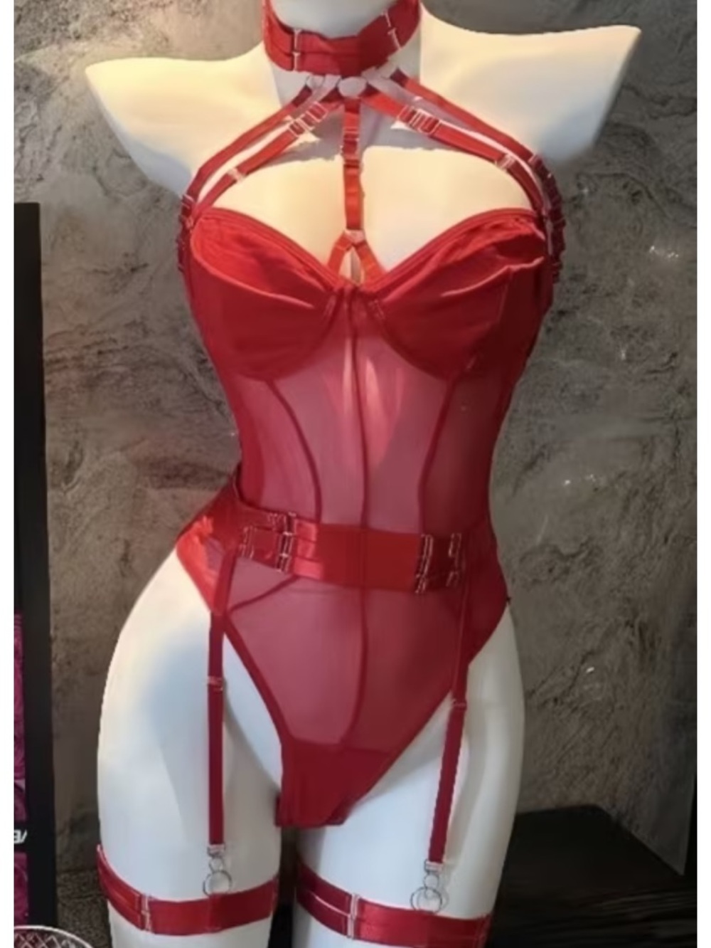Red Strappy Sheer Bodysuit with Garter Detail